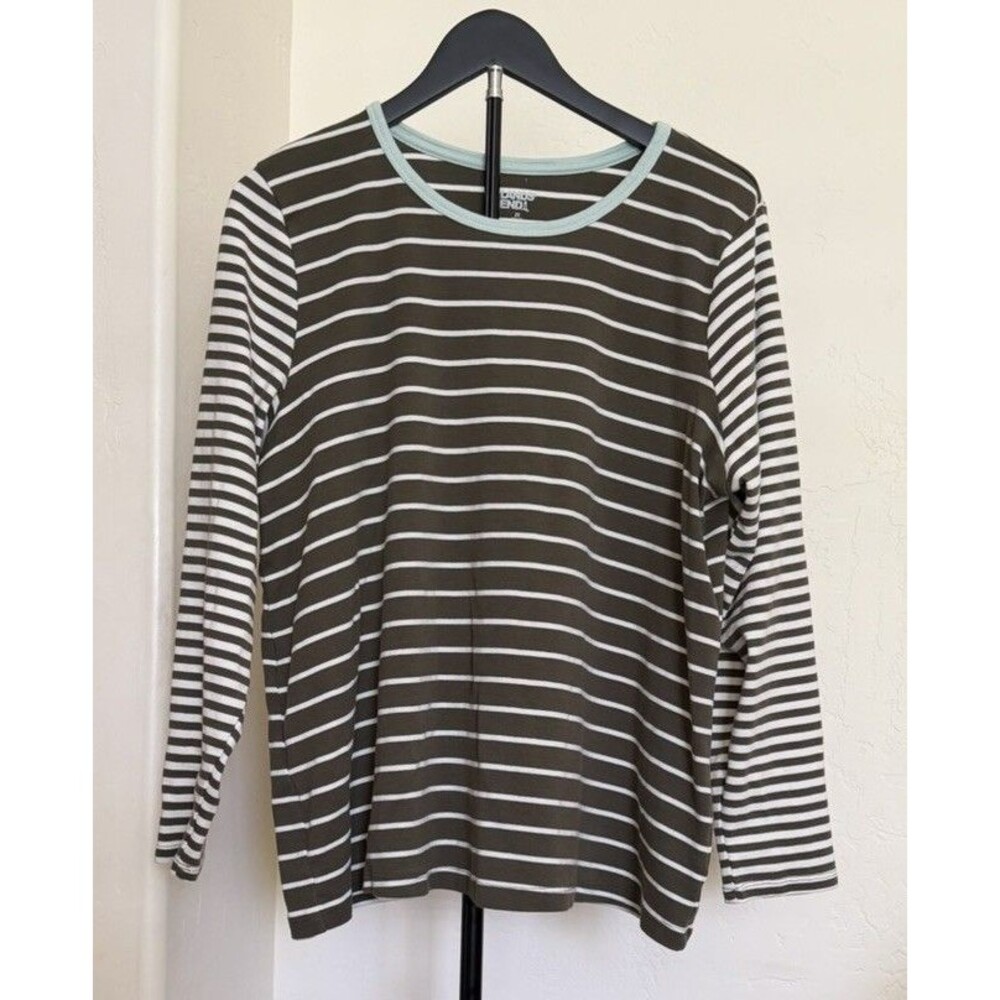 Land’s End Women’s 2XL Striped Long Sleeve Knit Top Tee Contrast Trim Olive Mint